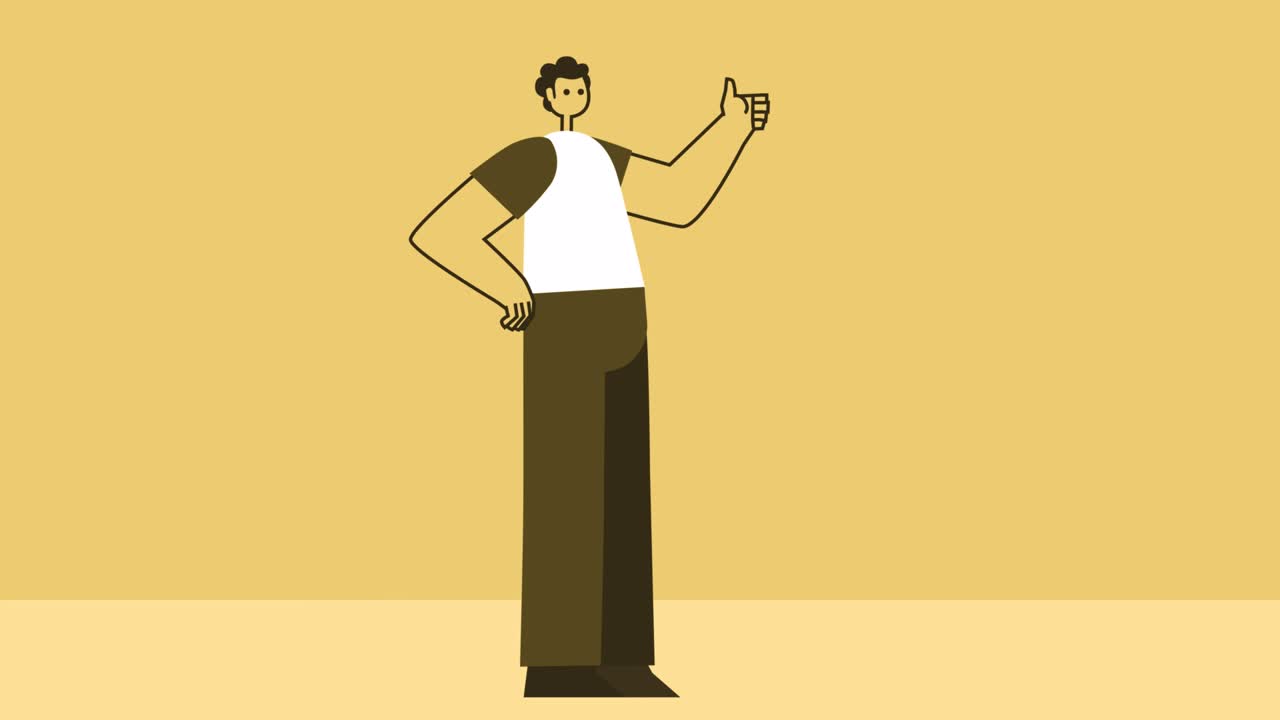 노란색 스타일의 남자: 평평한 캐릭터, 엄지손가락을 올리는 제스처, 알파 채널과 함께 고립된 루프 애니메이션