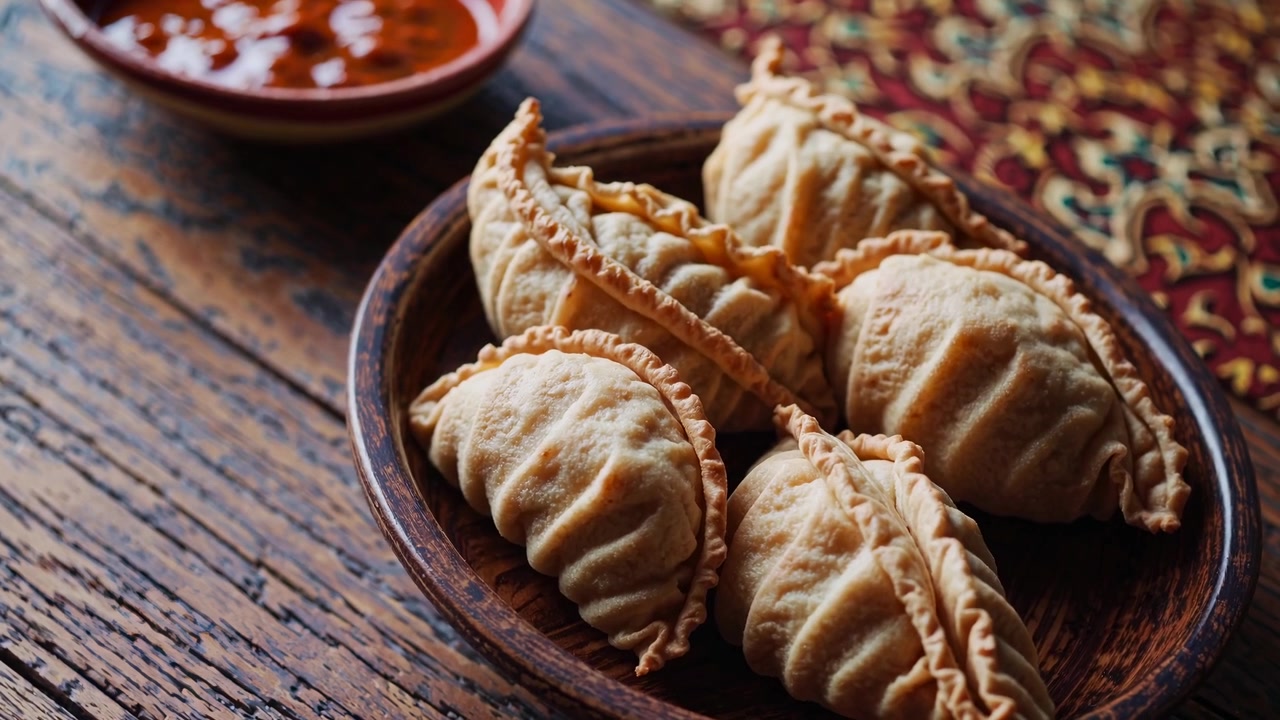 Empanadas fritte servite su un piatto di legno con salsa d'accompagnamento