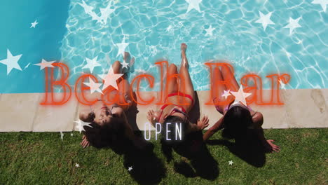 relaxing by pool, women with animation of beach bar open and stars