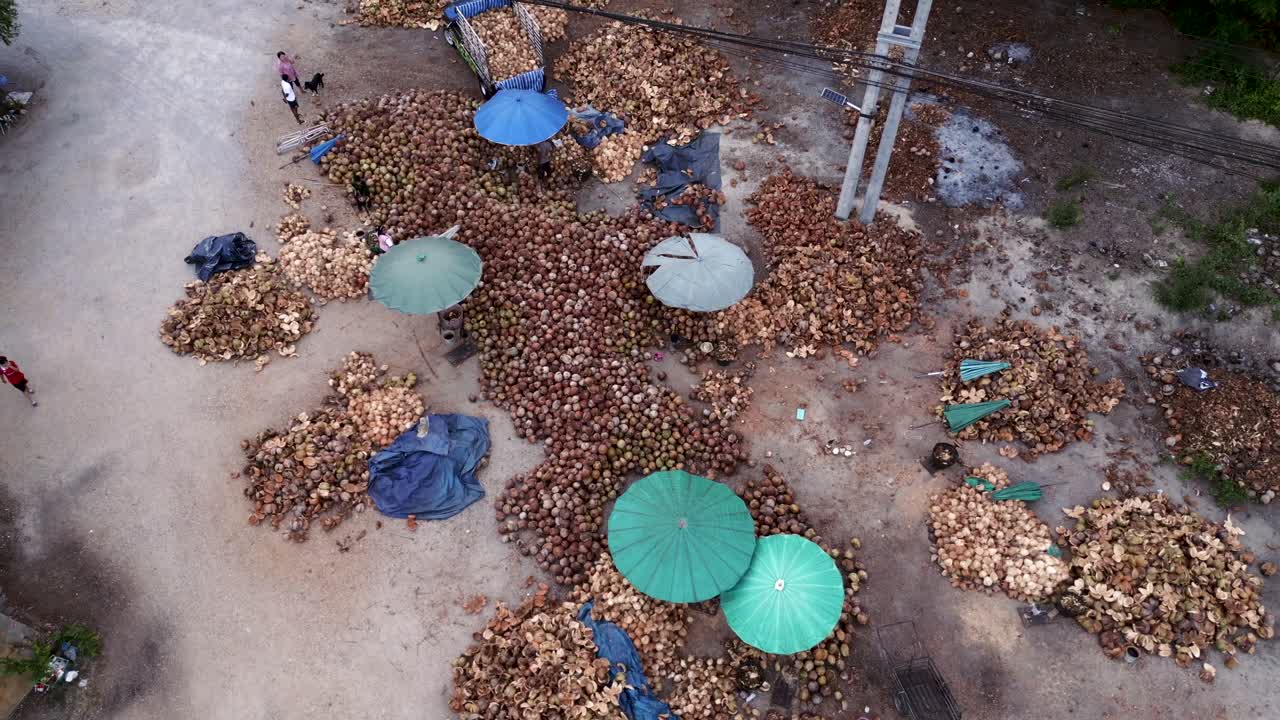 Aerial View of a Coconut Processing Facility with Piles of Coconuts and Husks