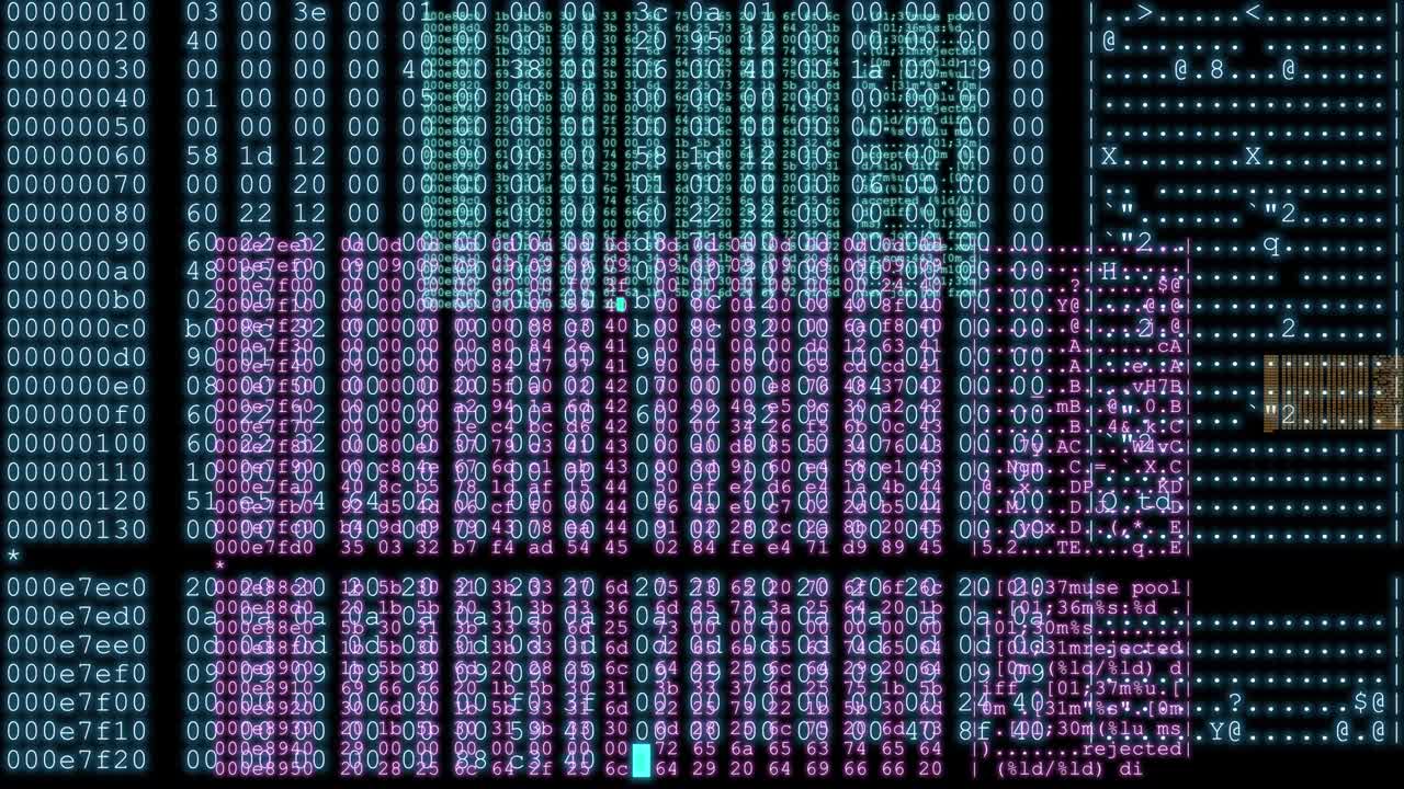 Multicolored lines of computer code repeating across screen in real-time against a black background - seamless looping
