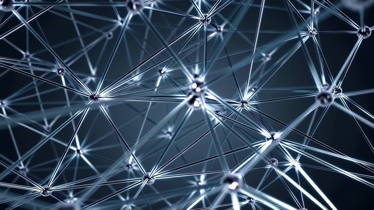 Glowing Neural Network Interconnected Metallic Nodes, Visualizes AI Researcher And Network Engineer