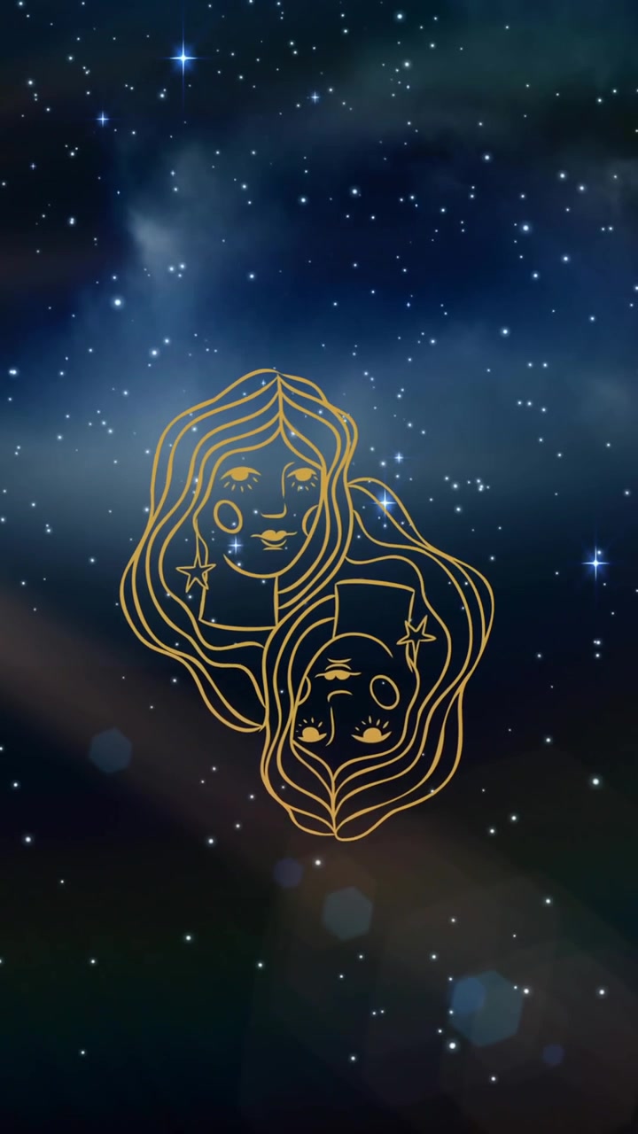 Animação do signo de Gêmeos sobre o sol brilhando e estrelas em céu noturno azul