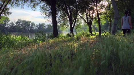 girl walking through the forest on the riverbank on a sunny summer day