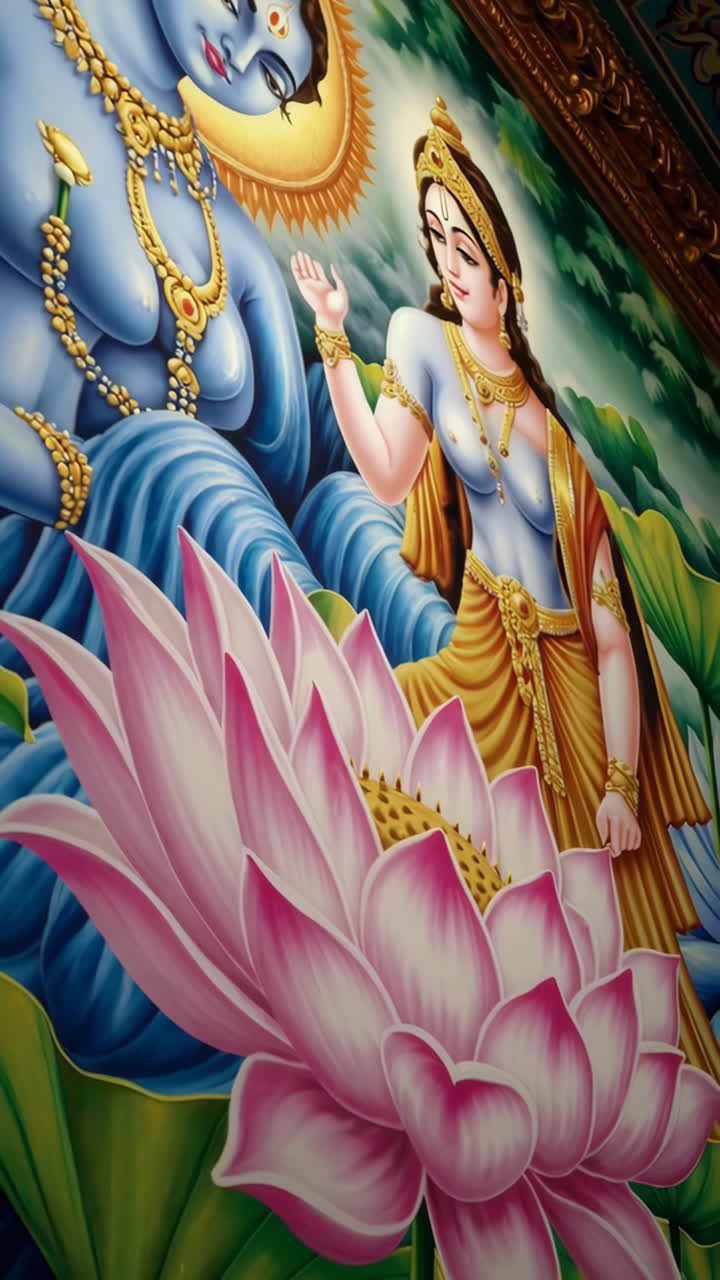 Hindu Deities Vishnu and Lakshmi in a Lotus Garden Painting