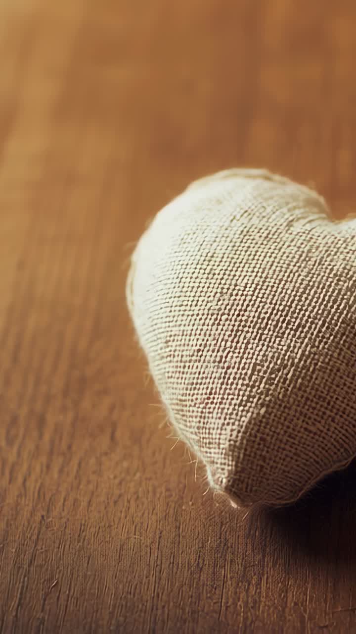 Vertical video: Shifting camera revealing fabric heart on wood table to show warm light, copy space