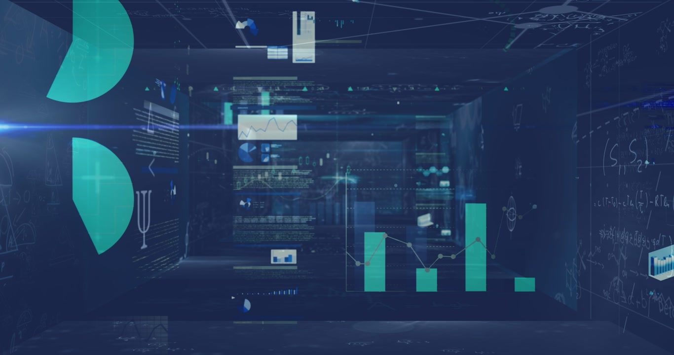 Animasjon av databehandling over skjermer på blå bakgrunn