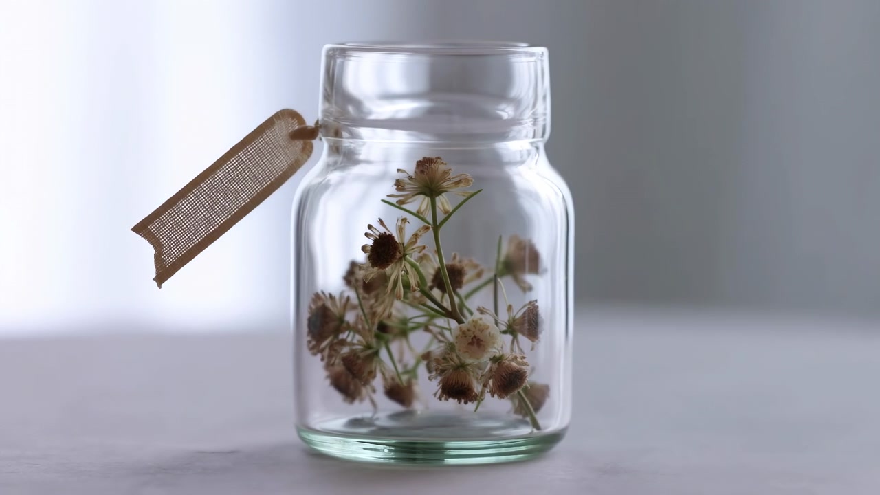 Close-up view of clear glass jar on neutral tabletop holding dried daisy-like flowers with papery petals and brown centers, beige woven fabric tag tied to rim adds rustic detail and soft contrast