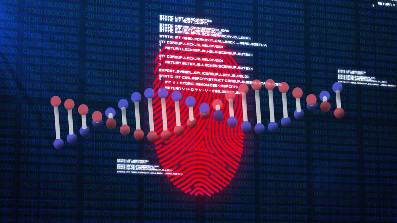 Illustrating digital security, DNA strand and fingerprint over binary code animation