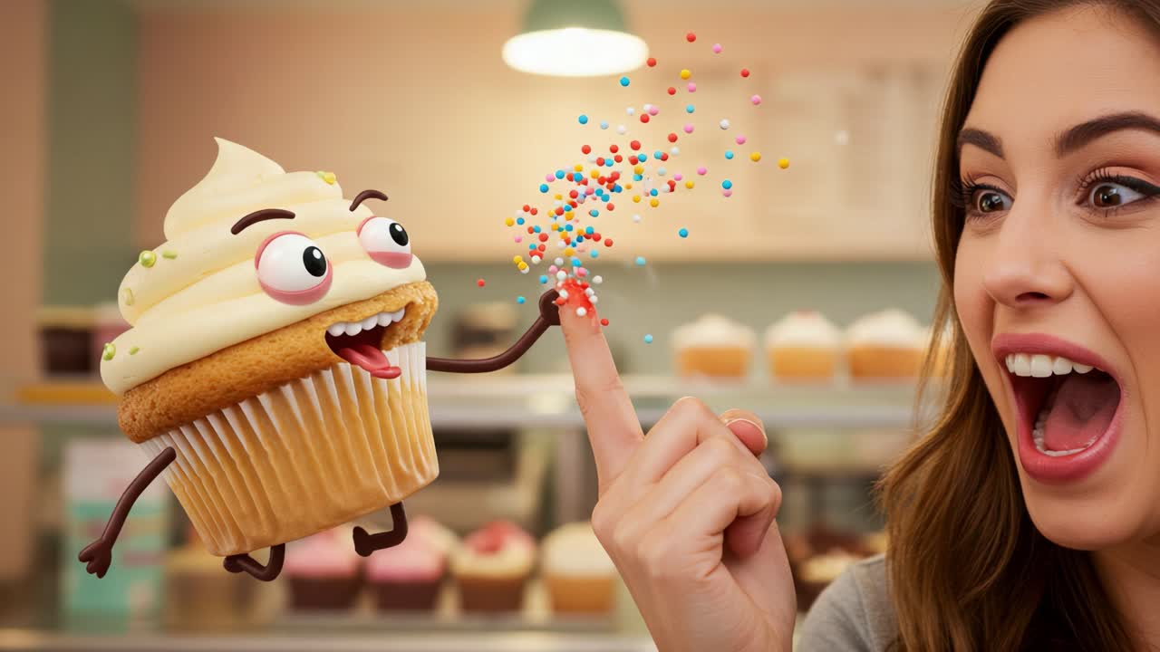 Incontro delizioso: Un giocoso personaggio cupcake sparge gioia mentre interagisce con una giovane donna entusiasta in un'accogliente pasticceria.