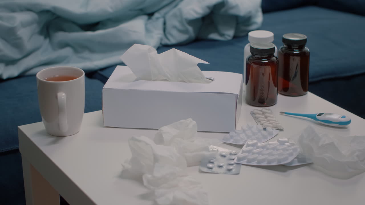 Close up of healthcare treatment, tissues and cup of tea