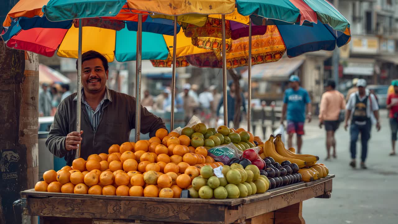 Watching passing pedestrians, vendor wearing striped top holding umbrella pole on sidewalk, oranges
