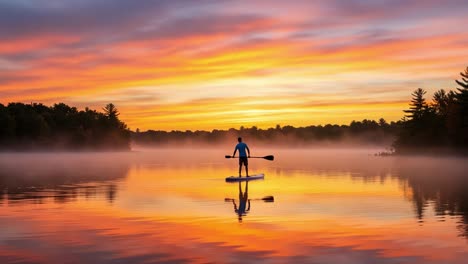 paddleboarding on a misty lake at sunrise or sunset