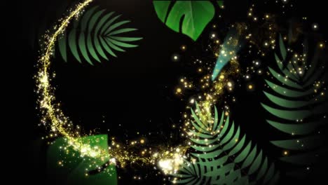 animation of sparkling gold firework over green leaves, moving on black