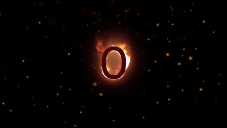 animation of zero on fire over glowing specks on black background