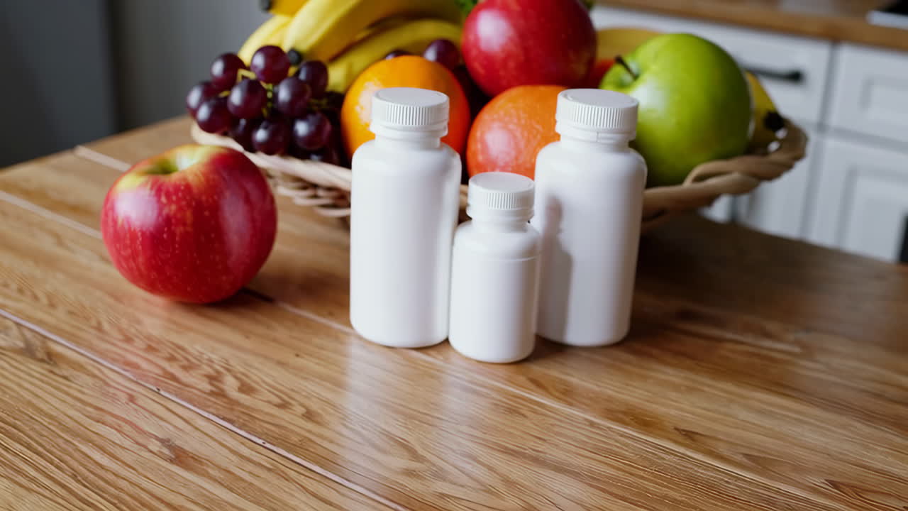Healthy Fruits and Supplements on a Kitchen Table