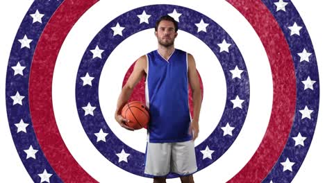 Animation-of-basketball-player-over-american-flag-pattern-and-colour-circles