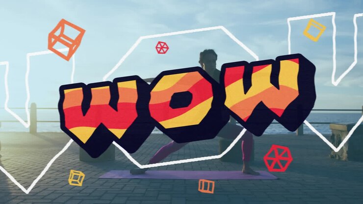 Testo "Wow" su sfondo di donna afroamericana che esegue esercizi di stretching sul lungomare