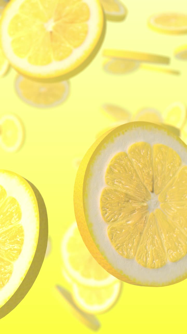 Vivaci fette di limone che cadono al rallentatore su sfondo giallo