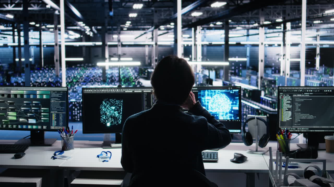 Engineer In Server Room Using Ai To Review Infrastructure Diagnostics On Devices
