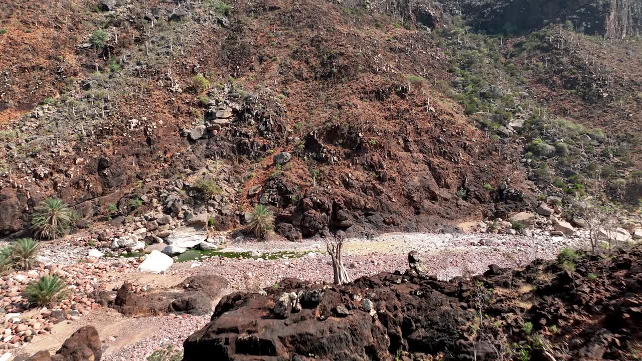 el escarpado paisaje de wadi dirhor en socotra, yemen, filmado por un avión no tripulado