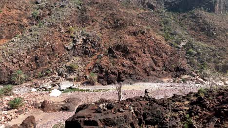 Zerklüftete-Landschaft-Des-Wadi-Dirhor-In-Sokotra,-Jemen---Drohnenaufnahme