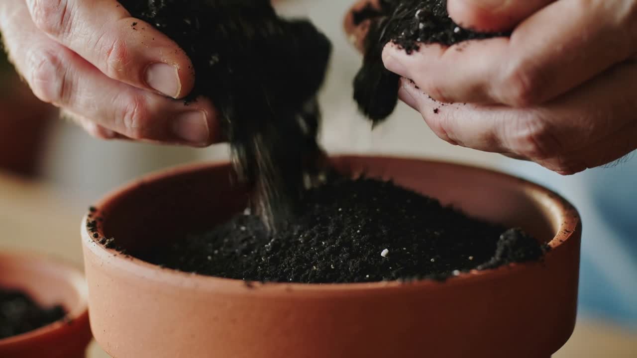 Mani che sbriciolano una zolla di terriccio in un vaso di argilla su una panca per la semina, con perlite e una manica.