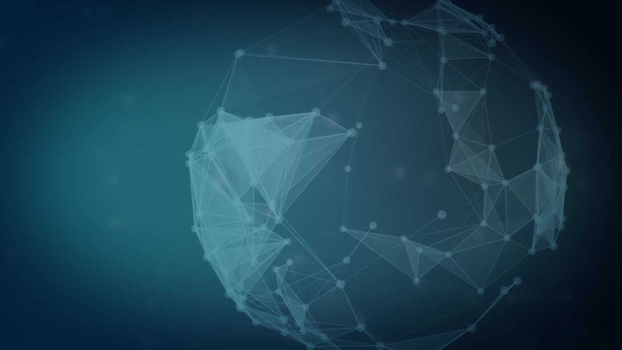 Animazione in loop continuo di una sfera 3D composta da nodi e linee luminose, che rappresenta la tecnologia globale, i concetti di comunicazione dati e l'intelligenza digitale. Formato widescreen.