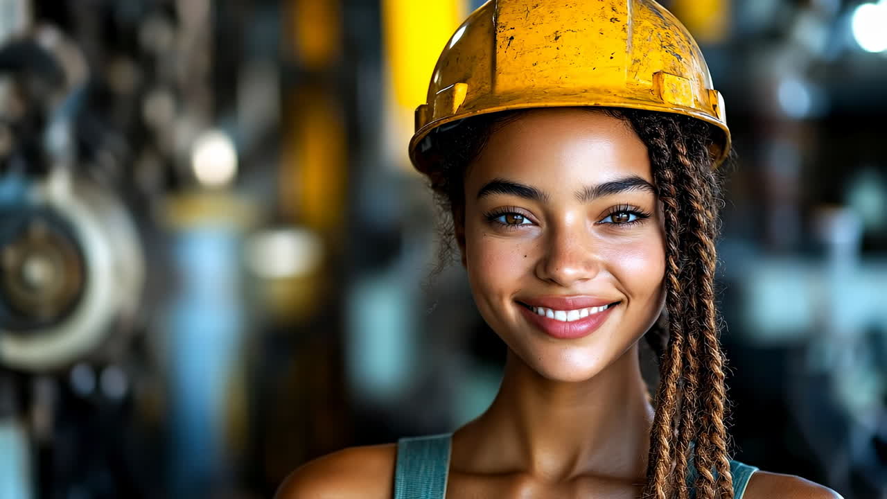 Profile view of industrial worker in yellow safety helmet. Side profile of woman with braided hair wearing protective gear in a blurred manufacturing plant