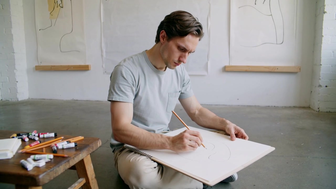 Artista in maglietta grigia che posiziona il blocco da disegno e schizza sul pavimento dello studio d'arte, perfezionando lo schizzo per la composizione.