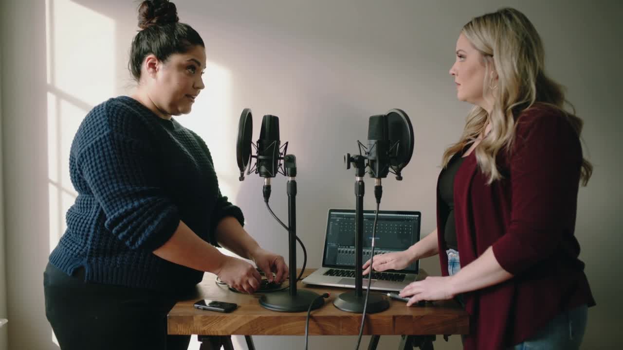 To medværter justerer mikrofoner og kabler, starter software, animerede lydbølger viser podcaststart.