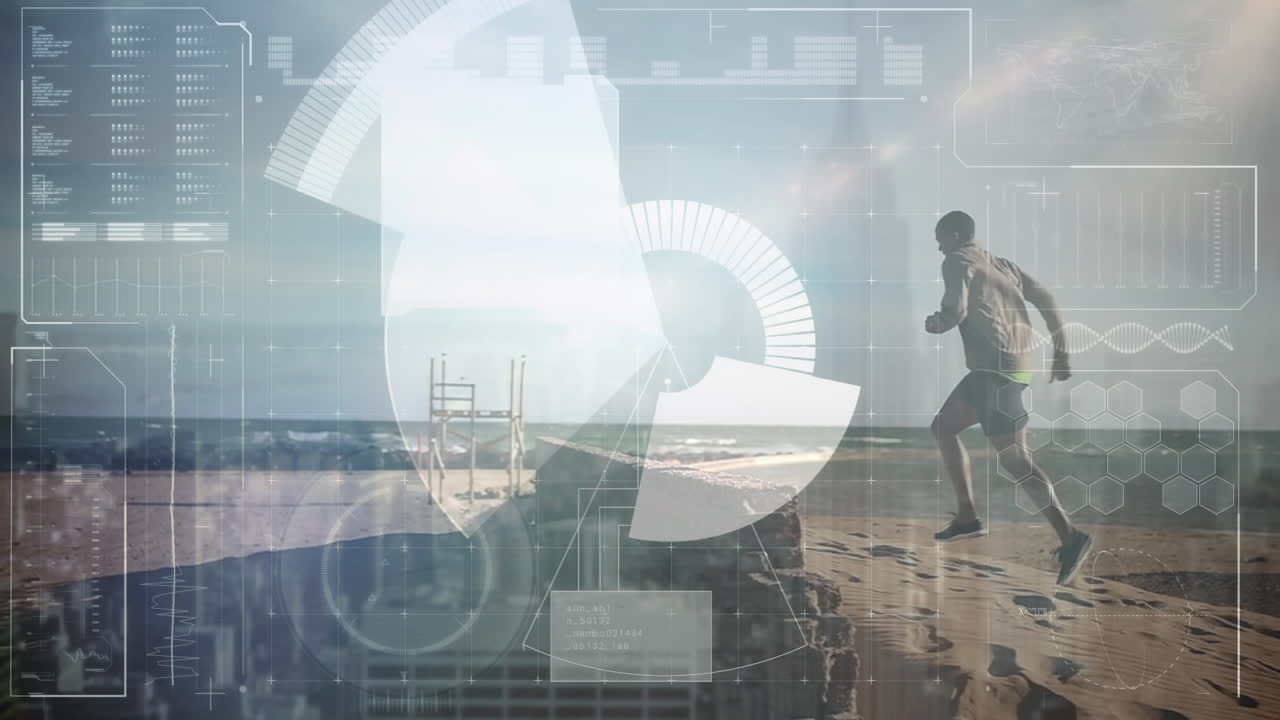 스 스캔 및 데이터 처리의 애니메이션 바가에서 달리는 적합한 사람