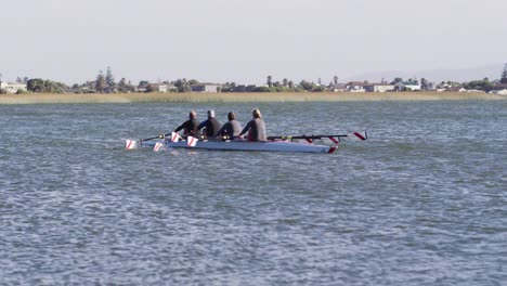 vier oudere blanke mannen en vrouwen roeien met een boot op een rivier