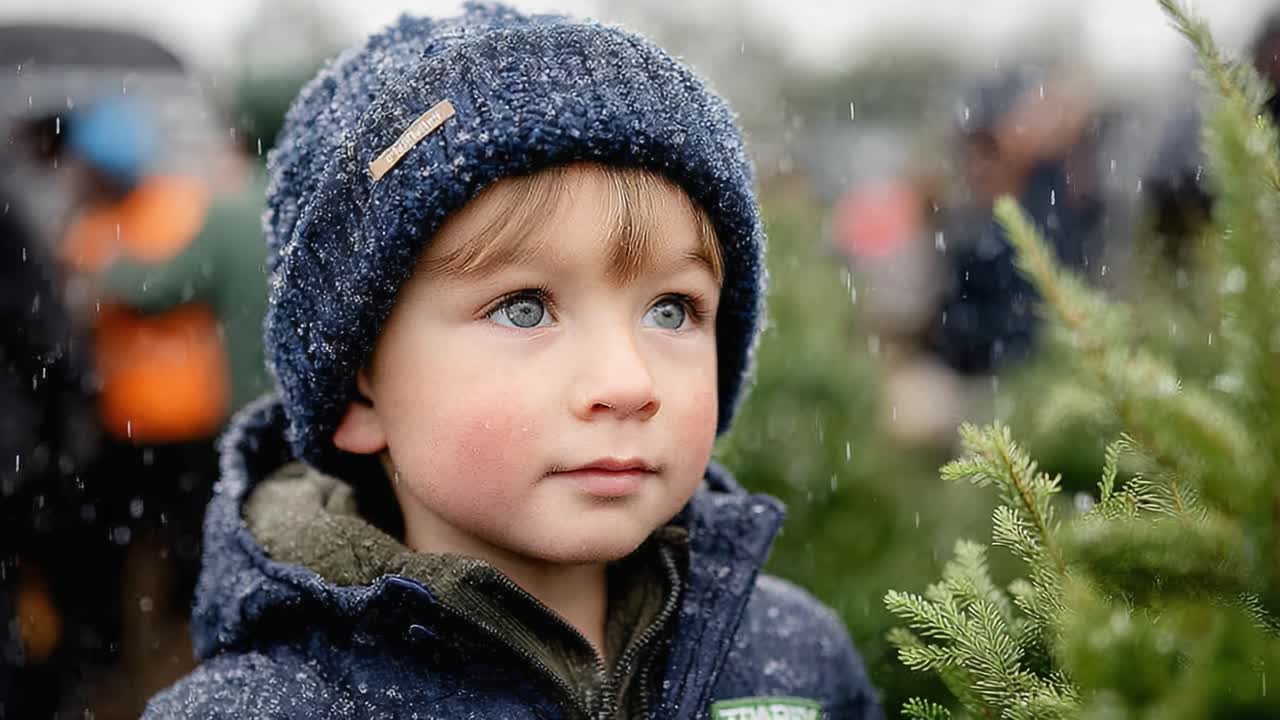 Young Child in Winter Attire Surrounded by Holiday Greenery, Captured in a Snowy Atmosphere, Radiating Innocence and Wonder Amidst Festive Spirits