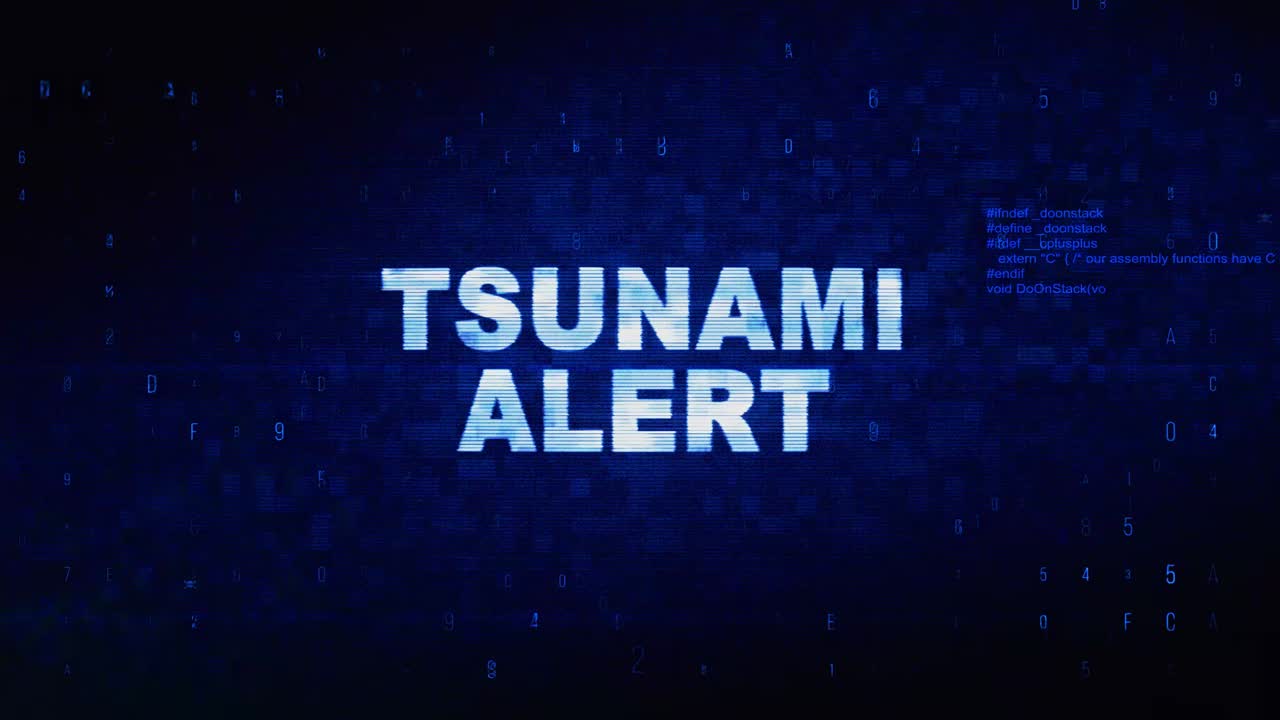Tsunami alert text digital noise twitch and glitch effect tv screen loop animation background login