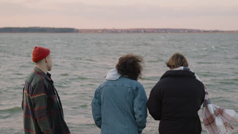 vista trasera de tres amigos con ropa de invierno hablando a orillas del mar en un día ventoso