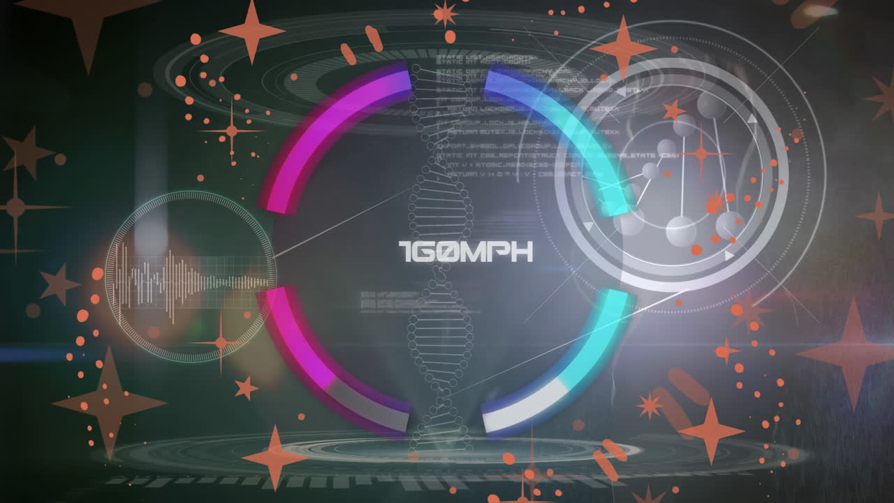 검은색 배경에서 스 스캔과 dna 스트랜드 데이터 처리의 별의 애니메이션