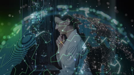contemplating digital network and data visualization, person in futuristic school setting
