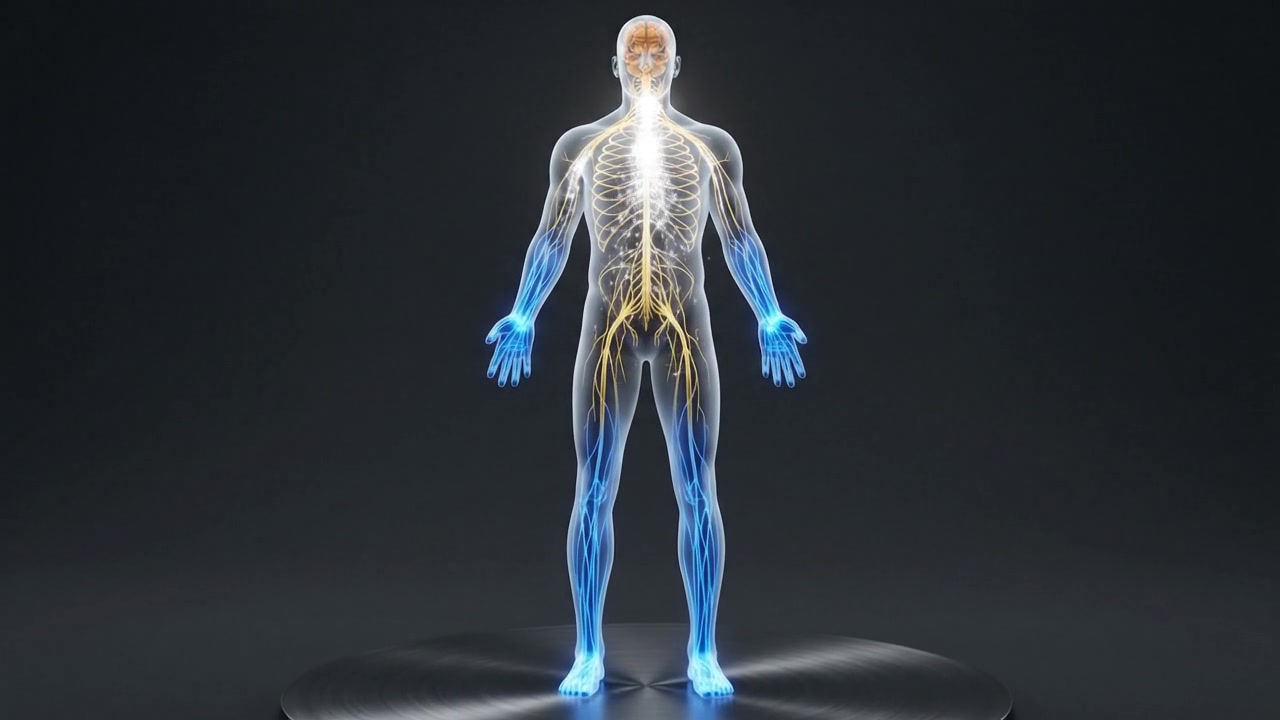 Hologramvisualisering av menneskekroppens skjelett og nervesystem med glødende baner