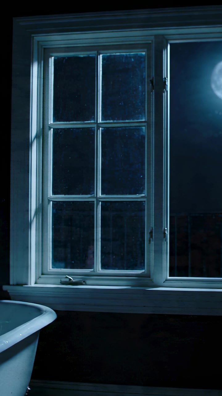Vertical video: Showing white sash window reflecting full moonlight on bathroom sill, with tub rim