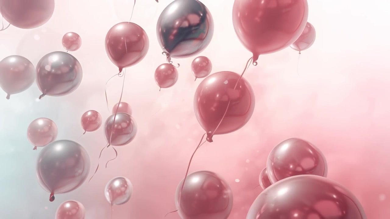Drivende lyserøde og sølvfarvede balloner båret af helium, stigende gennem pastelfarvet dis med snore, glimtende