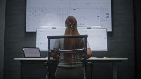 female financial analyst working on computer with multi-monitor workstation, monitoring real-time stocks and exchange market charts. successful businesswoman in financial agency office. vertical shot.