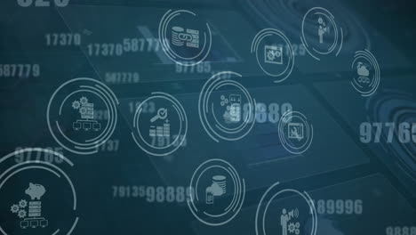 animación del procesamiento de datos e iconos en una pantalla digital