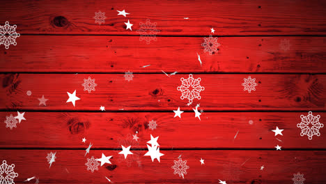 Animación-De-Estrellas-Navideñas-Y-Copos-De-Nieve-Cayendo-Sobre-Fondo-De-Madera-Roja