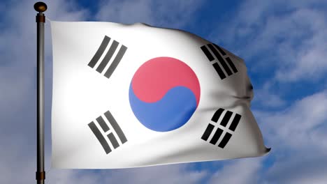 south korea flag with fabric texture waving in the wind on a blue white cloudy sky background. seamless loop stock 4k video. flag of the republic of korea. south korea flag