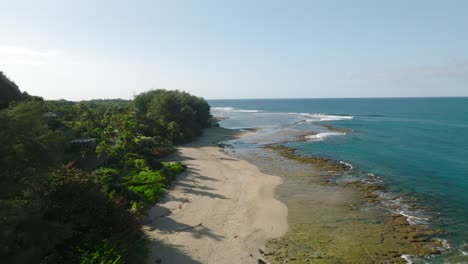 Fast-Dynamic-Aerial-Dolly-in-above-Ha'ena-Beach-during-daytime,-Hawaii