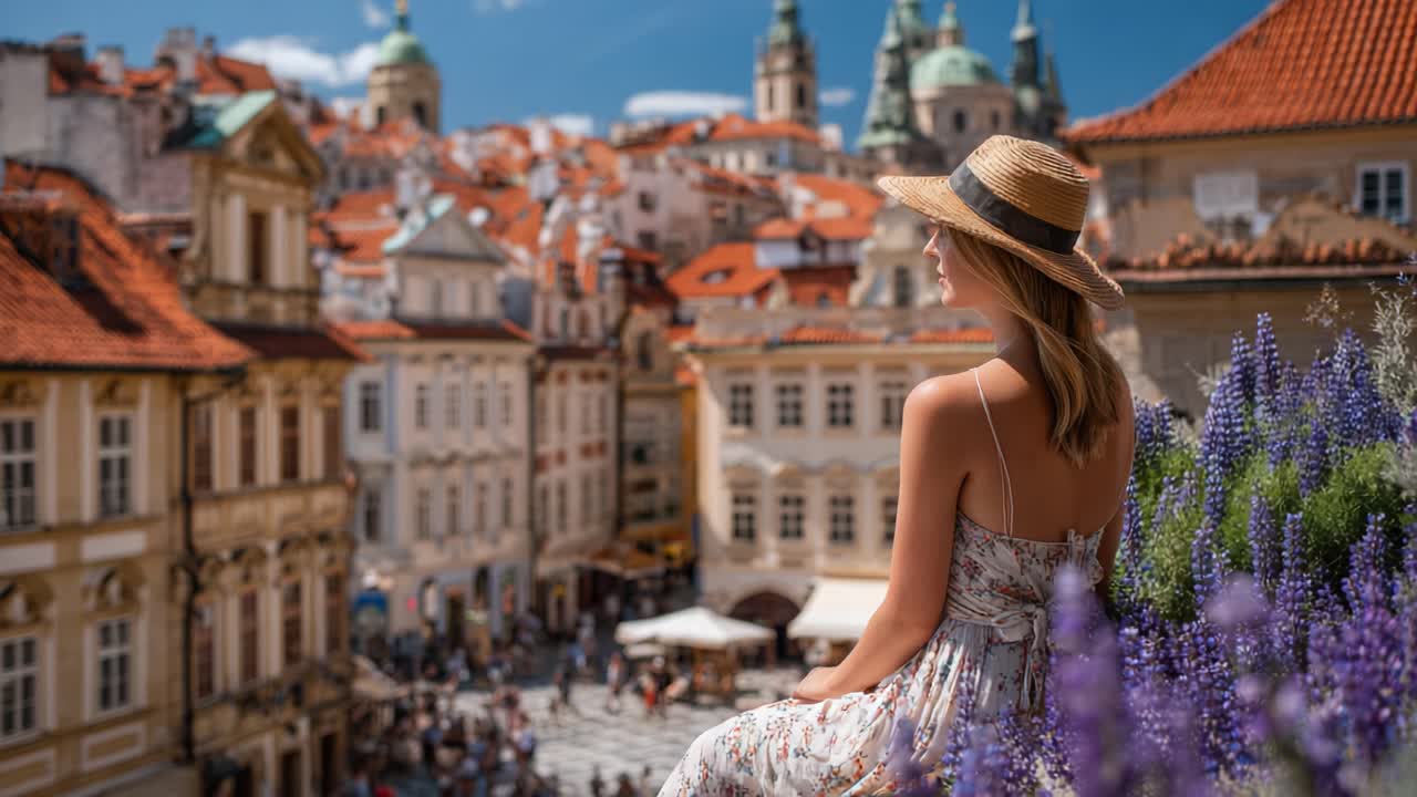 A Serene Moment in a Vibrant Cityscape: Capturing the Beauty of a Woman in a Floral Dress Overlooking a Picturesque European Town with Historic Architecture and Lush Flowers