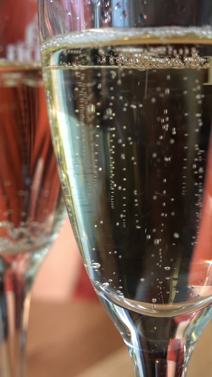 Close up of glasses of white sparkling wine on a table. Vertical