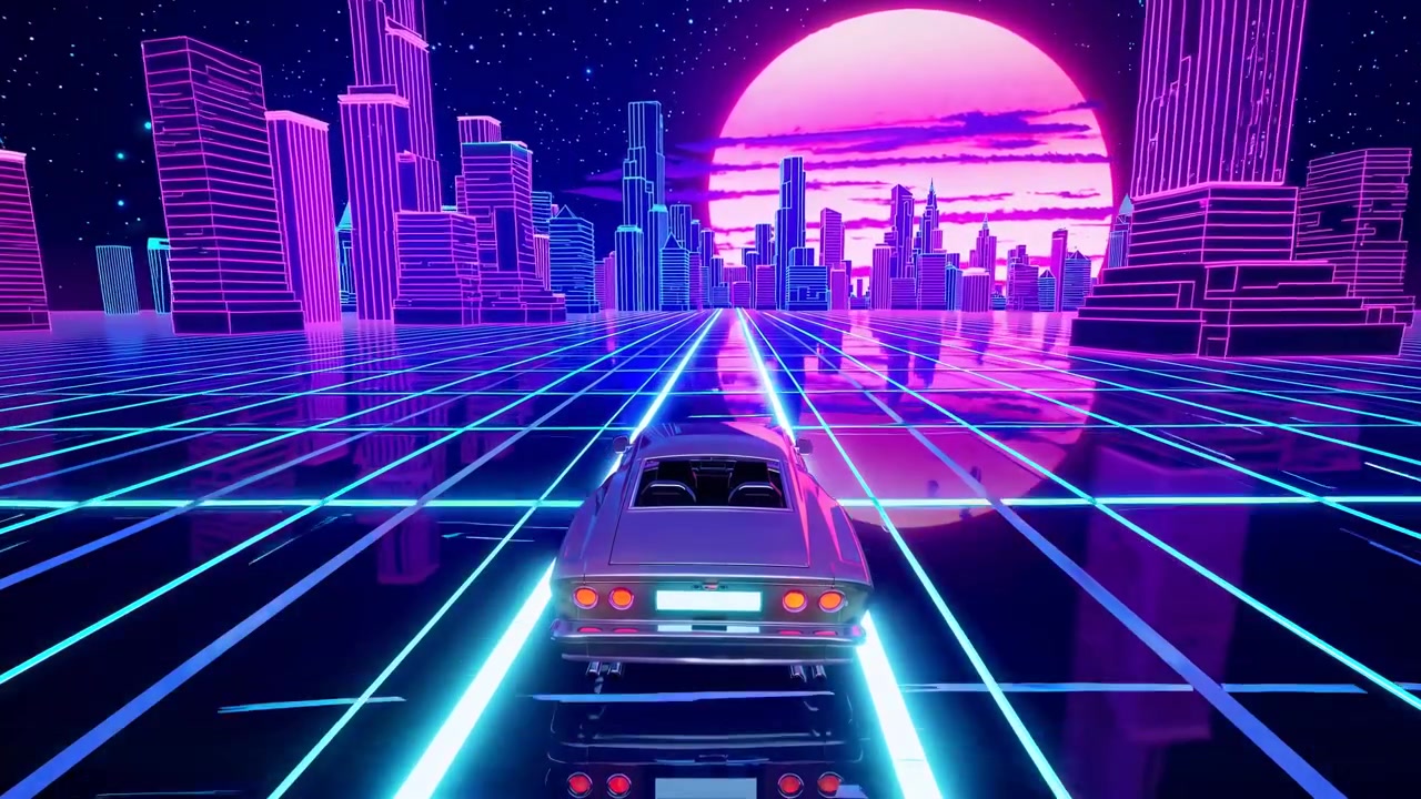 Auto retro-futuristica che guida su una strada a griglia al neon verso lo skyline della città