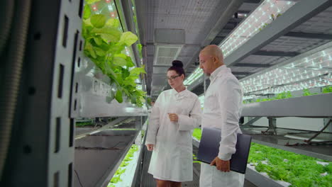 a group of people in white coats analyze and discuss the results of the growth of vegetables and plants on a modern farmer